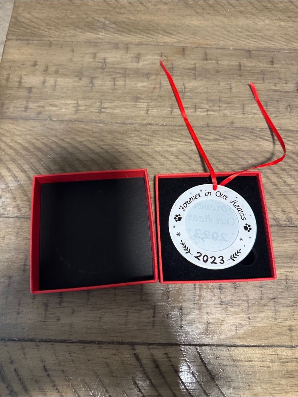 Silver 2023 'Forever in Our Hearts' Pet Ornament with Red Ribbon